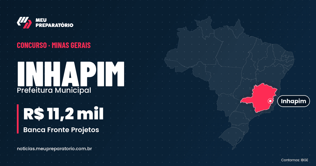 Concurso da Prefeitura de Inhapim (MG): salários de até R$ 11.232,59. Mapa do Brasil com Minas Gerais em destaque. Arte: Meu Preparatório