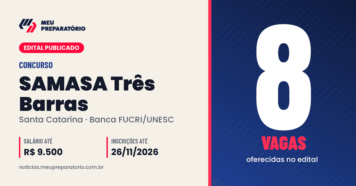 Concurso SAMASA Três Barras (SC): 8 vagas e salários de até R$ 9.500; inscrições até 26/11/2026. Arte: Meu Preparatório