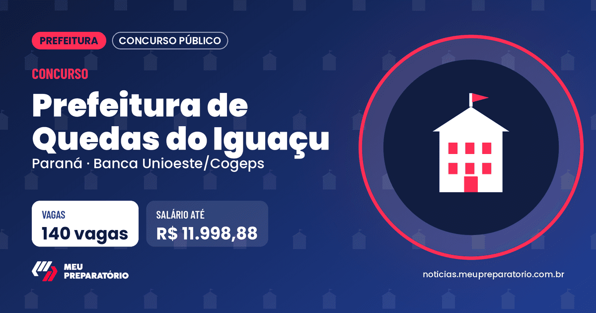 Concurso da Prefeitura de Quedas do Iguaçu (PR): 140 vagas e salários de até R$ 11.998,88; inscrições até 25/11/2026. Arte: Meu Preparatório