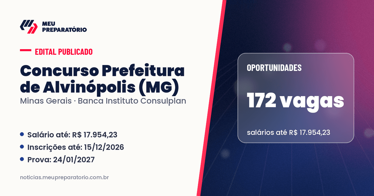 Concurso da Prefeitura de Alvinópolis (MG): 172 vagas e salários de até R$ 17.954,23; inscrições até 15/12/2026. Arte: Meu Preparatório