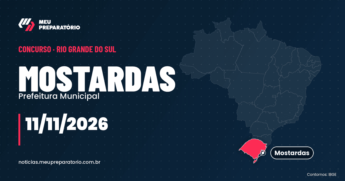 Concurso da Prefeitura de Mostardas (RS); inscrições até 11/11/2026. Mapa do Brasil com Rio Grande do Sul em destaque. Arte: Meu Preparatório