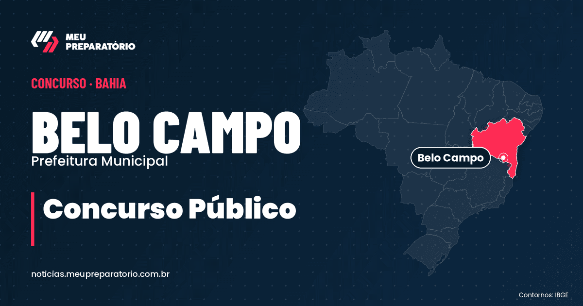 Concurso da Prefeitura de Belo Campo (BA). Mapa do Brasil com Bahia em destaque. Arte: Meu Preparatório
