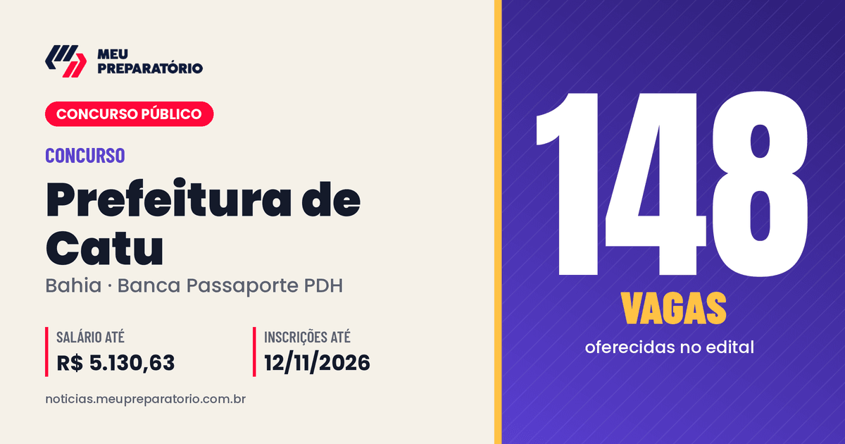 Concurso da Prefeitura de Catu (BA): 148 vagas e salários de até R$ 5.130,63; inscrições até 12/11/2026. Arte: Meu Preparatório