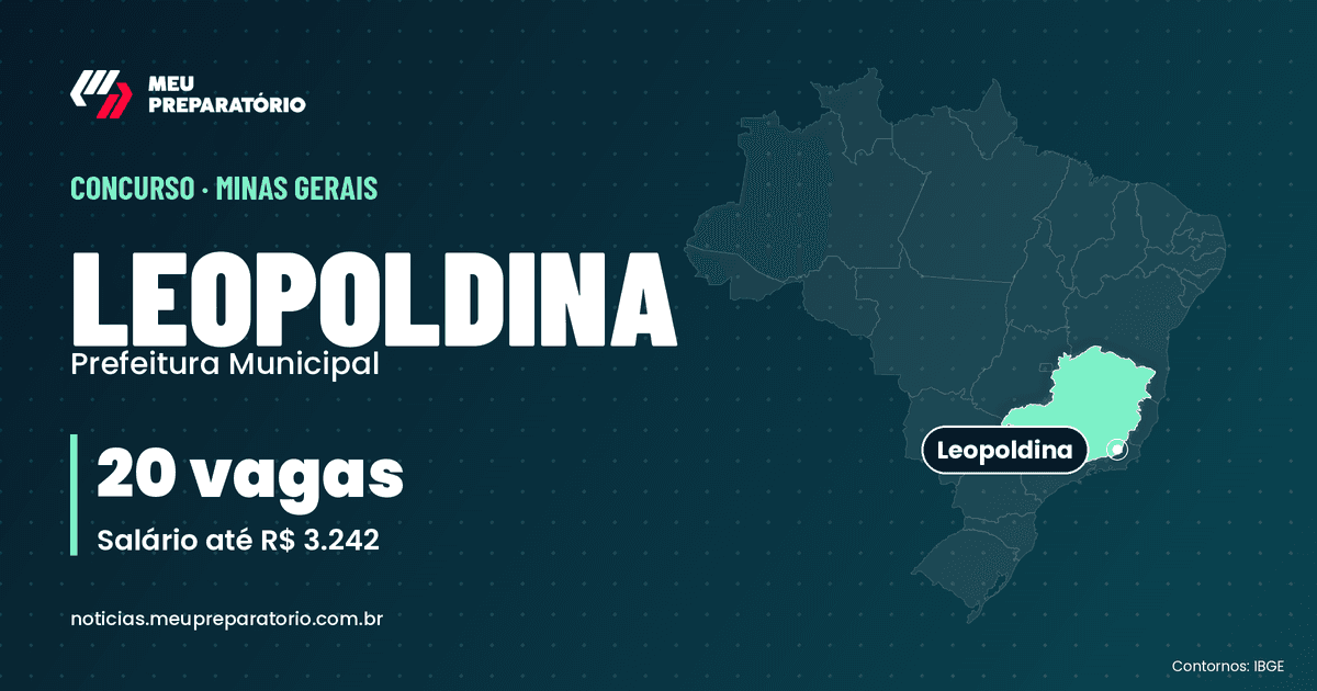 Concurso da Prefeitura de Leopoldina (MG): 20 vagas e salários de até R$ 3.242; inscrições até 25/11/2026. Mapa do Brasil com Minas Gerais em destaque. Arte: Meu Preparatório