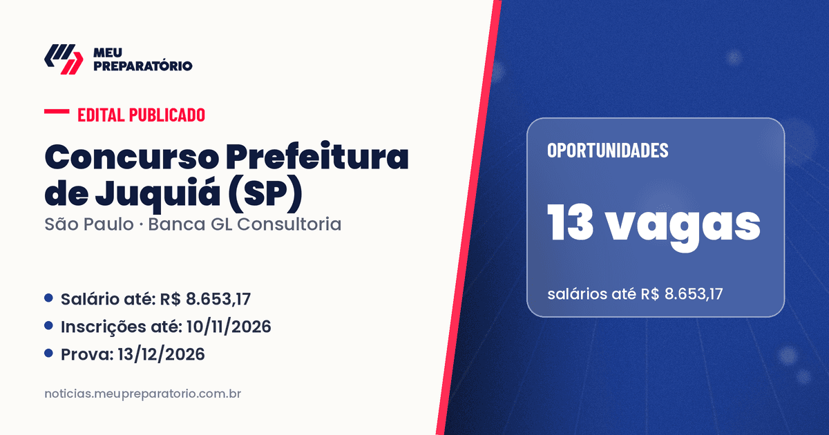 Concurso da Prefeitura de Juquiá (SP): 13 vagas e salários de até R$ 8.653,17; inscrições até 10/11/2026. Arte: Meu Preparatório