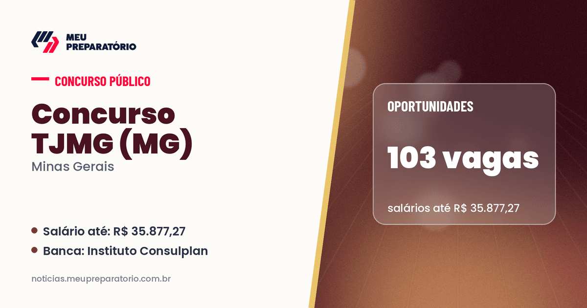 Concurso TJMG (MG): 103 vagas e salários de até R$ 35.877,27. Arte: Meu Preparatório