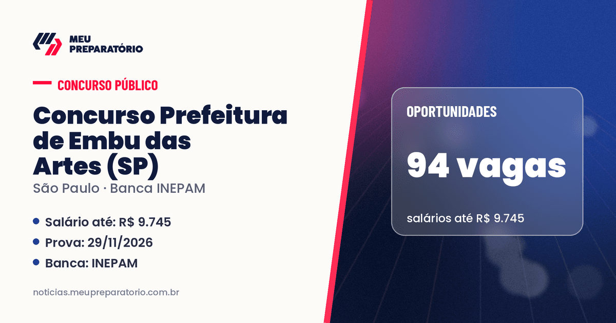 Concurso da Prefeitura de Embu das Artes (SP): 94 vagas e salários de até R$ 9.745. Arte: Meu Preparatório