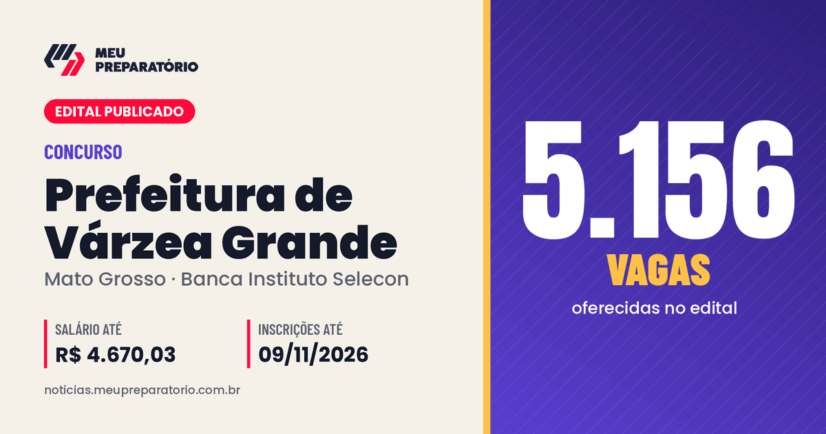 Concurso da Prefeitura de Várzea Grande (MT): 5.156 vagas e salários de até R$ 4.670,03; inscrições até 09/11/2026. Arte: Meu Preparatório
