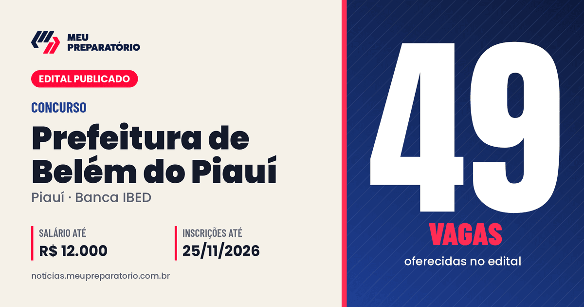 Concurso da Prefeitura de Belém do Piauí (PI): 49 vagas e salários de até R$ 12.000; inscrições até 25/11/2026. Arte: Meu Preparatório