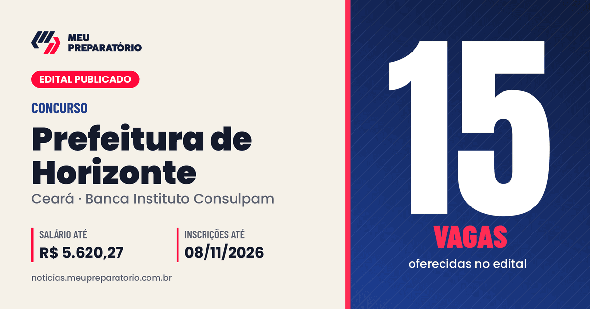 Concurso da Prefeitura de Horizonte (CE): 15 vagas e salários de até R$ 5.620,27; inscrições até 08/11/2026. Arte: Meu Preparatório