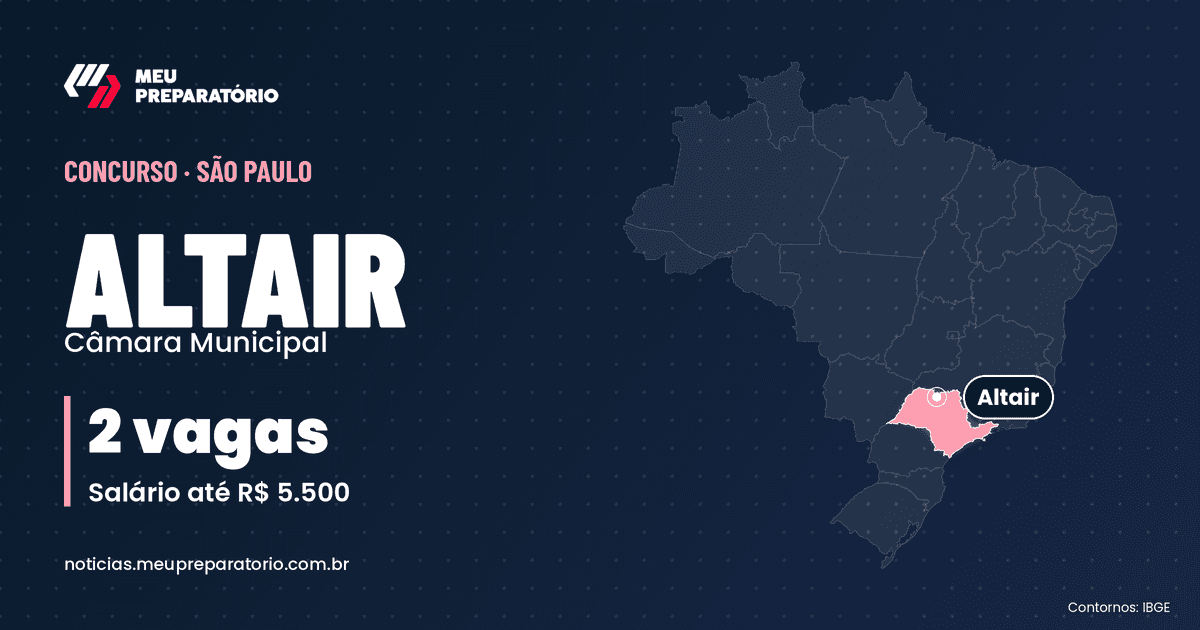 Concurso da Câmara de Altair (SP): 2 vagas e salários de até R$ 5.500; inscrições até 11/11/2026. Mapa do Brasil com São Paulo em destaque. Arte: Meu Preparatório