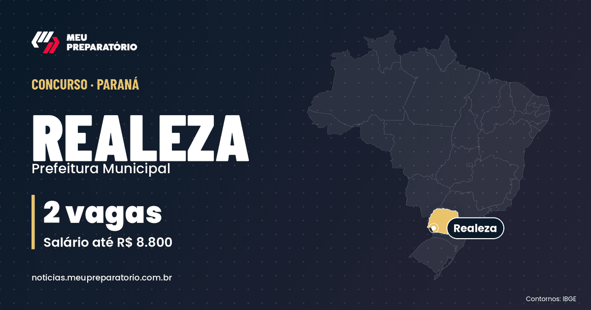 Concurso da Prefeitura de Realeza (PR): 2 vagas e salários de até R$ 8.800; inscrições até 03/12/2026. Mapa do Brasil com Paraná em destaque. Arte: Meu Preparatório