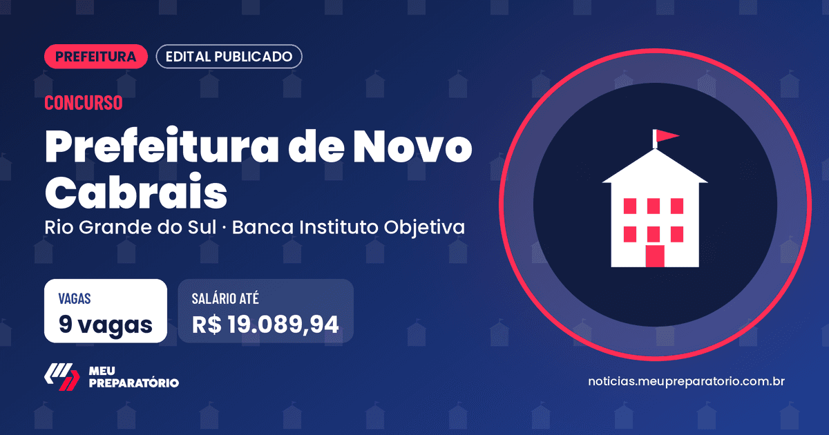 Concurso da Prefeitura de Novo Cabrais (RS): 9 vagas e salários de até R$ 19.089,94; inscrições até 23/11/2026. Arte: Meu Preparatório