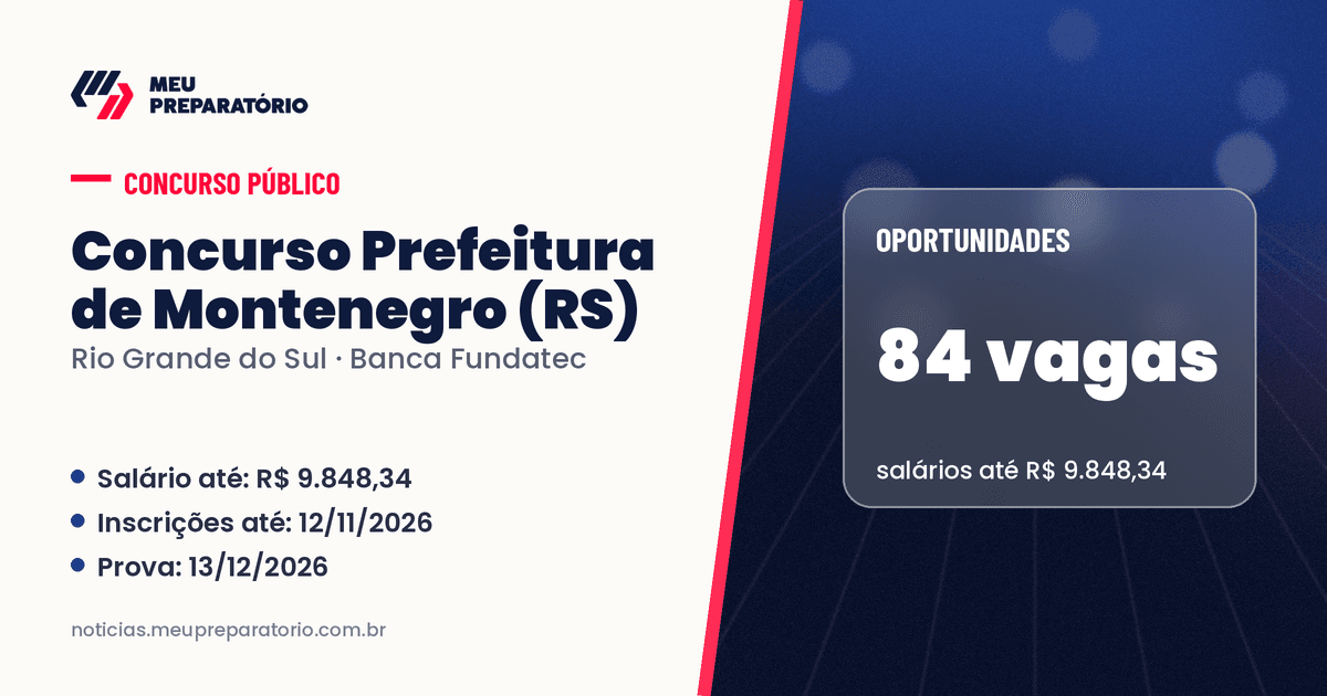 Concurso da Prefeitura de Montenegro (RS): 84 vagas e salários de até R$ 9.848,34; inscrições até 12/11/2026. Arte: Meu Preparatório