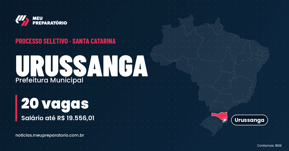 Concurso da Prefeitura de Urussanga (SC): 20 vagas e salários de até R$ 19.556,01; inscrições até 08/11/2026. Mapa do Brasil com Santa Catarina em destaque. Arte: Meu Preparatório