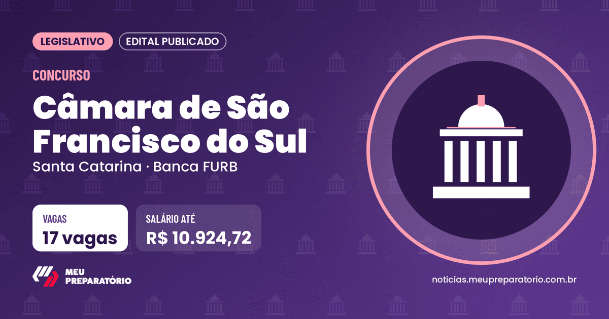 Concurso da Câmara de São Francisco do Sul (SC): 17 vagas e salários de até R$ 10.924,72; inscrições até 07/12/2026. Arte: Meu Preparatório