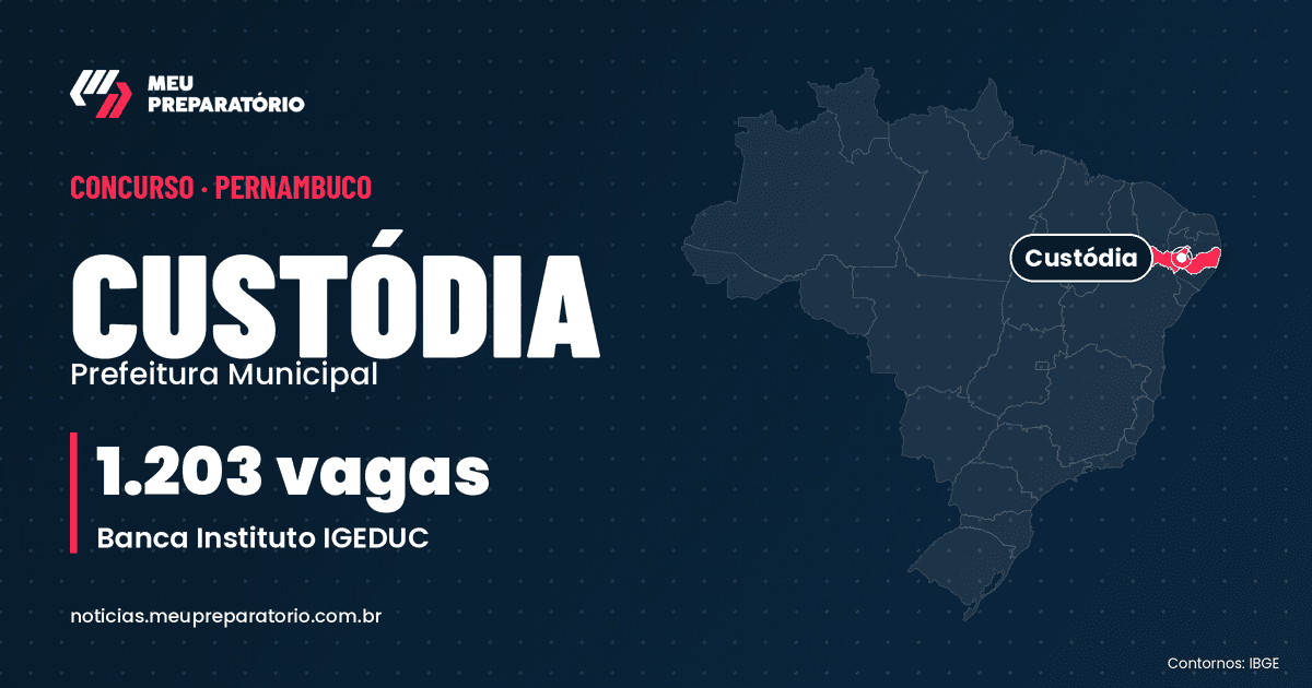 Concurso da Prefeitura de Custódia (PE): 1.203 vagas. Mapa do Brasil com Pernambuco em destaque. Arte: Meu Preparatório