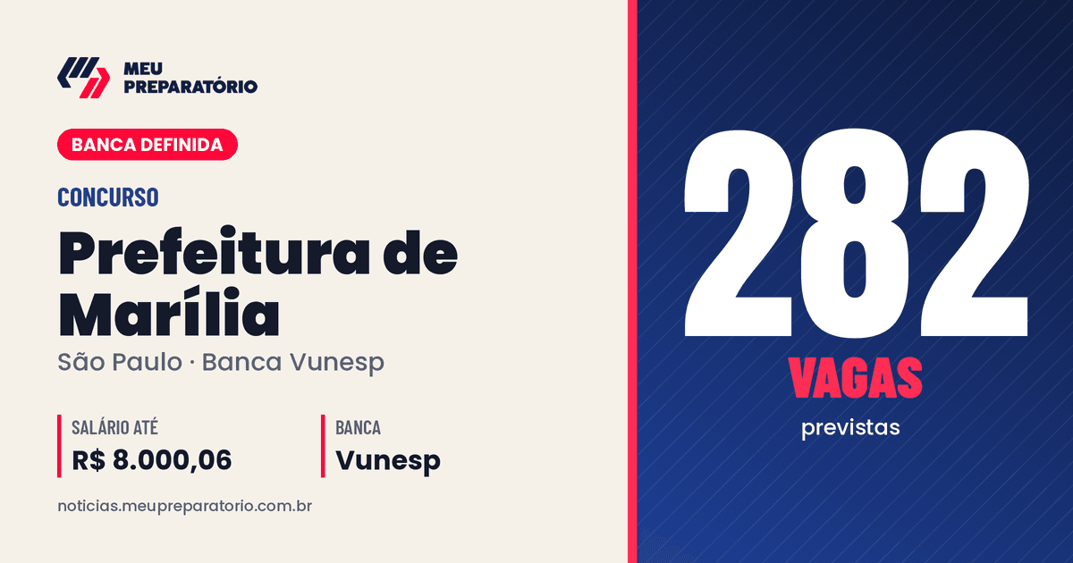 Concurso da Prefeitura de Marília (SP): 282 vagas e salários de até R$ 8.000,06. Arte: Meu Preparatório