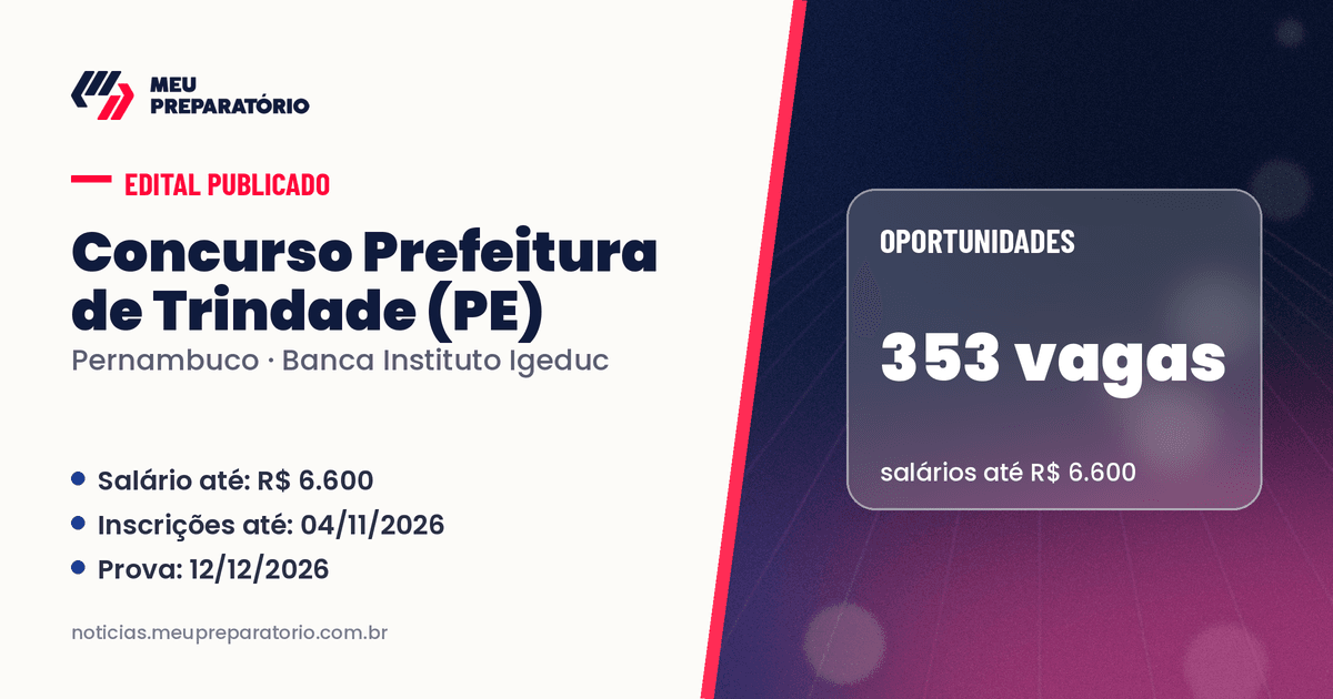 Concurso da Prefeitura de Trindade (PE): 353 vagas e salários de até R$ 6.600; inscrições até 04/11/2026. Arte: Meu Preparatório