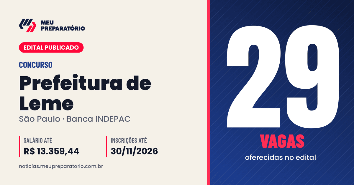 Concurso da Prefeitura de Leme (SP): 29 vagas e salários de até R$ 13.359,44; inscrições até 30/11/2026. Arte: Meu Preparatório