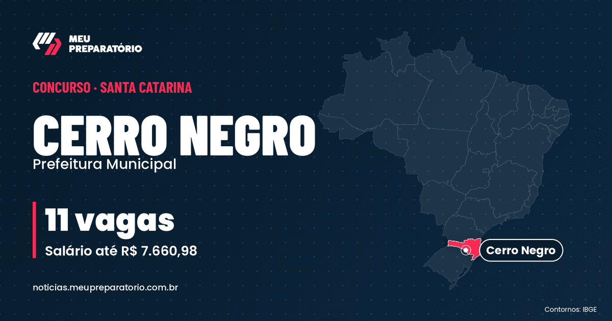 Concurso da Prefeitura de Cerro Negro (SC): 11 vagas e salários de até R$ 7.660,98; inscrições até 19/11/2026. Mapa do Brasil com Santa Catarina em destaque. Arte: Meu Preparatório