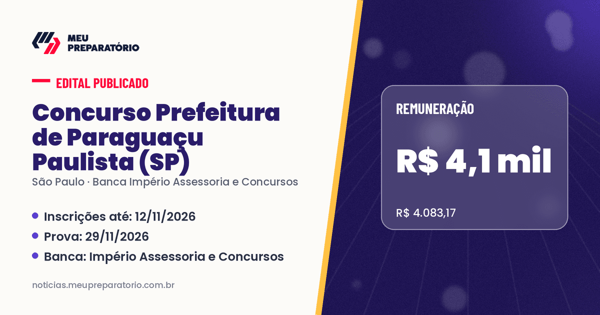 Concurso da Prefeitura de Paraguaçu Paulista (SP): salários de até R$ 4.083,17; inscrições até 12/11/2026. Arte: Meu Preparatório