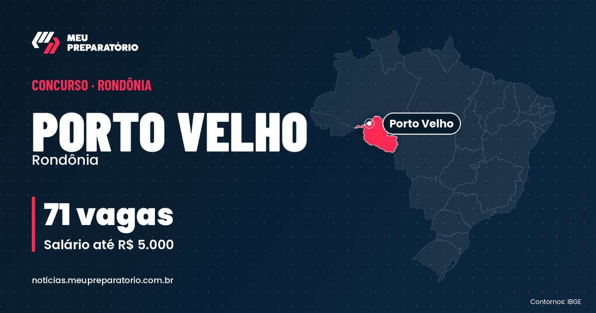 Concurso IPAM (RO): 71 vagas e salários de até R$ 5.000; inscrições até 07/12/2026. Mapa do Brasil com Rondônia em destaque. Arte: Meu Preparatório