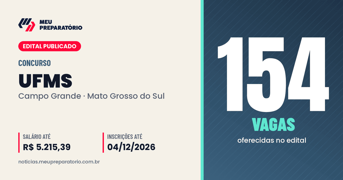 Concurso UFMS (MS): 154 vagas e salários de até R$ 5.215,39; inscrições até 04/12/2026. Arte: Meu Preparatório