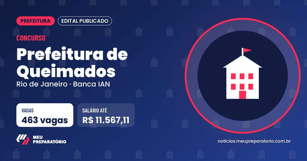 Concurso da Prefeitura de Queimados (RJ): 463 vagas e salários de até R$ 11.567,11; inscrições até 03/11/2026. Arte: Meu Preparatório
