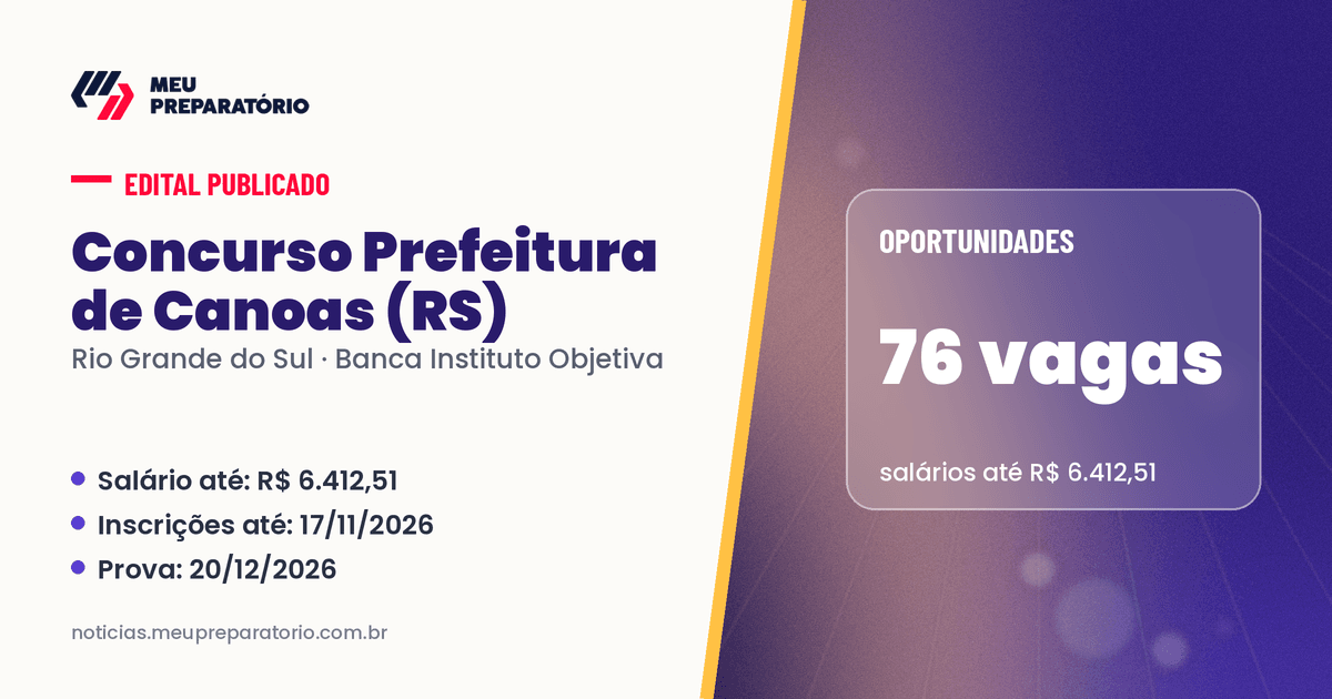 Concurso da Prefeitura de Canoas (RS): 76 vagas e salários de até R$ 6.412,51; inscrições até 17/11/2026. Arte: Meu Preparatório