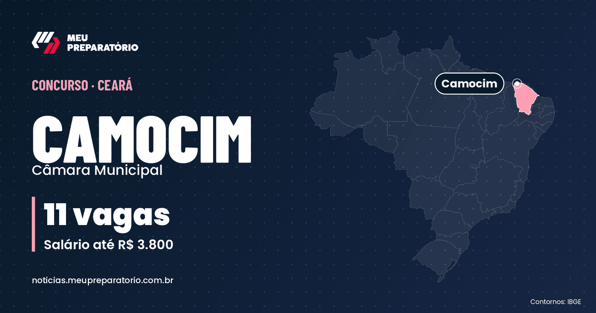 Concurso da Câmara de Camocim (CE): 11 vagas e salários de até R$ 3.800; inscrições até 12/11/2026. Mapa do Brasil com Ceará em destaque. Arte: Meu Preparatório