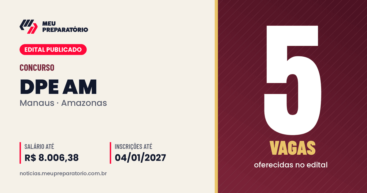 Concurso DPE AM (AM): 5 vagas e salários de até R$ 8.006,38; inscrições até 04/01/2027. Arte: Meu Preparatório