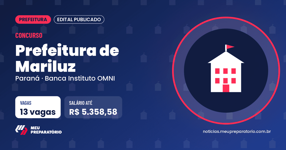 Concurso da Prefeitura de Mariluz (PR): 13 vagas e salários de até R$ 5.358,58; inscrições até 22/11/2026. Arte: Meu Preparatório