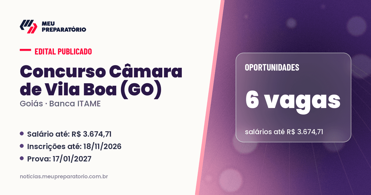 Concurso da Câmara de Vila Boa (GO): 6 vagas e salários de até R$ 3.674,71; inscrições até 18/11/2026. Arte: Meu Preparatório