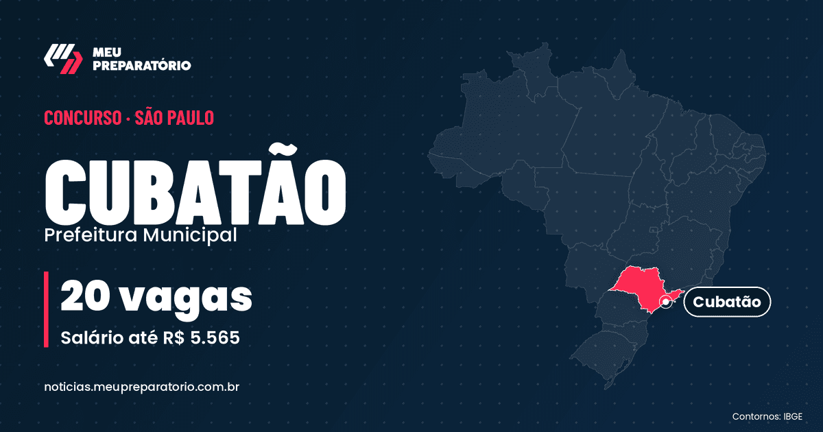 Concurso da Prefeitura de Cubatão (SP): 20 vagas e salários de até R$ 5.565; inscrições até 03/12/2026. Mapa do Brasil com São Paulo em destaque. Arte: Meu Preparatório