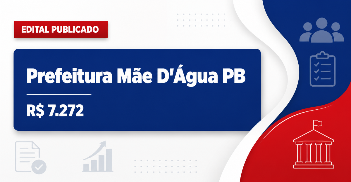 Prefeitura de Mãe D'Água - PB abre concurso público com salários de até R$ 7.272,00 - Prefeitura de Mãe D'Água